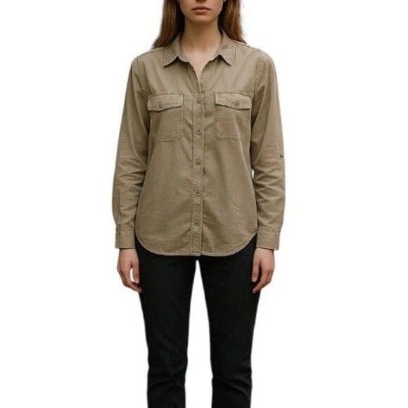 Babaton Aritzia Utility Button Up Shirt Women's Roll Tab Sleeves Pockets Khaki M - Picture 1 of 13